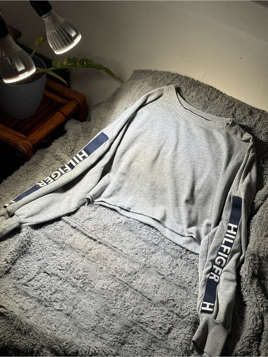 Tommy Hilfiger Tops - Tommy Hilfiger Cropped Gray Crewneck Long Sleeve with Navy Logo Sleeves